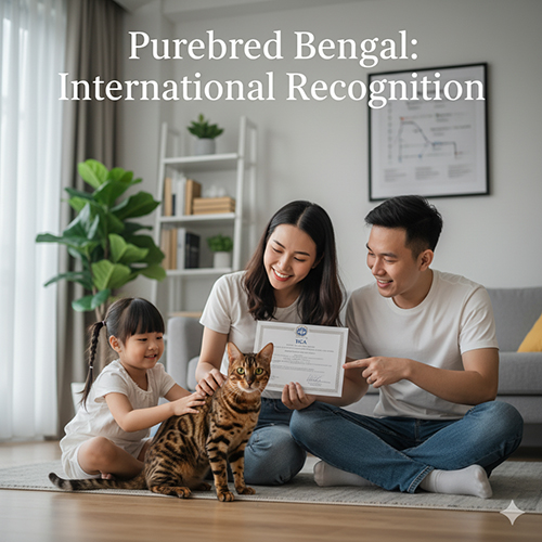 Gia đình cầm giấy chứng nhận quốc tế cùng mèo Bengal thuần chủng – biểu trưng cho sự công nhận từ các hiệp hội TICA, CFA