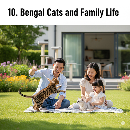 Gia đình trẻ chơi đùa cùng mèo Bengal và mèo con ngoài sân vườn xanh mát.