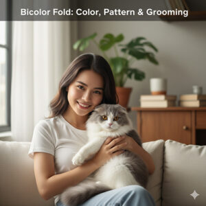 cô gái ôm mèo scottish fold bicolor lông dài trên sofa, ánh sáng tự nhiên, ảnh minh họa bài nhận biết màu pattern và chăm lông