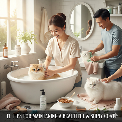 Cặp đôi đang tắm và chải lông cho hai mèo Munchkin trắng và golden trong phòng tắm sáng, đầy đủ đồ chăm sóc thú cưng.