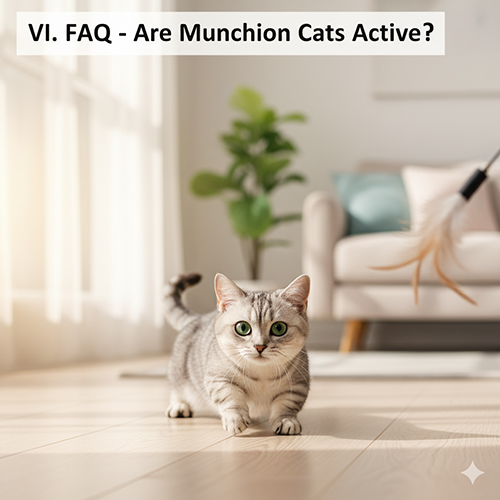 Mèo Munchkin xám tabby chạy trên sàn gỗ sáng, ánh sáng tự nhiên, phía sau có sofa và đồ chơi lông vũ.
