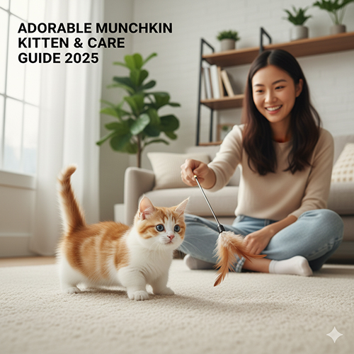 Mèo Munchkin con đáng yêu giơ chân vẫy, chơi lông vũ trong phòng khách ấm áp với các khối gỗ màu; ảnh đại diện bài Bé siêu đáng yêu & cách chăm đúng 2025 – Chạm Pets Family.
