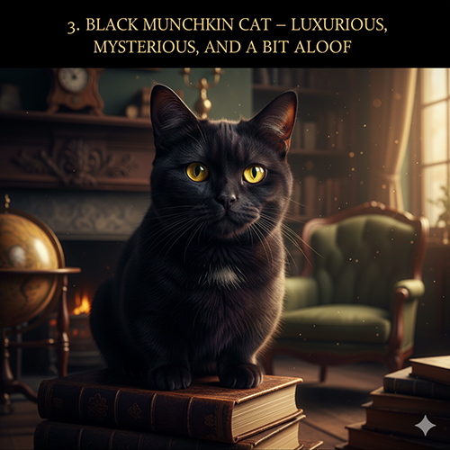 Mèo Munchkin đen lông đen tuyền, mắt vàng, ngồi trên chồng sách trong phòng cổ điển ánh đèn ấm.