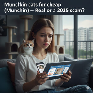 Cô gái lo lắng với mèo Munchkin con trên vai, vừa xem quảng cáo “Munchkin giá rẻ” trên máy tính bảng và điện thoại; hình minh họa cho bài viết cảnh báo thật hay lừa 2025.