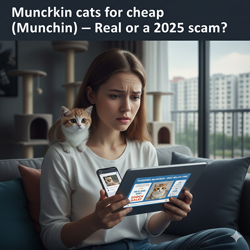 Cô gái lo lắng với mèo Munchkin con trên vai, vừa xem quảng cáo “Munchkin giá rẻ” trên máy tính bảng và điện thoại; hình minh họa cho bài viết cảnh báo thật hay lừa 2025.