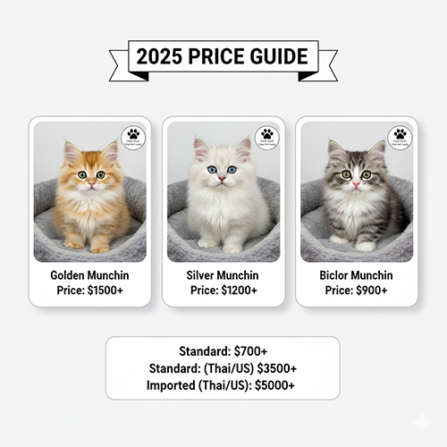 Ảnh bảng giá tham khảo mèo chân ngắn lông dài: 3 thẻ ảnh kitten màu golden, silver và bicolor trên nệm, kèm mức giá từ và ghi chú nhập Thái/Mỹ.