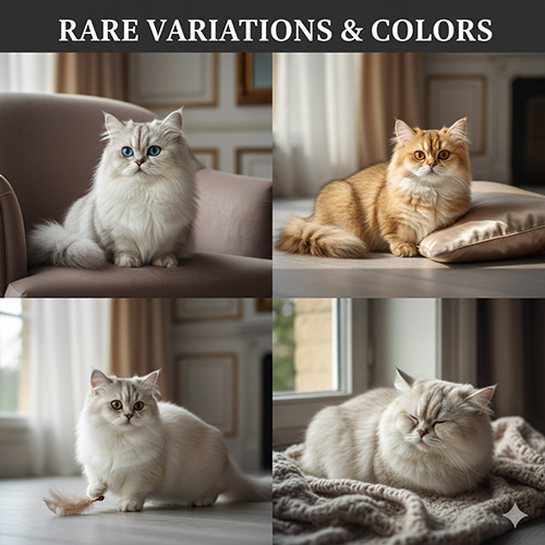 Bộ ảnh 4 khung mèo Munchkin lông dài các biến thể hiếm: silver mắt xanh, golden mắt hổ phách, bicolor trắng pha xám/vàng và lai Anh lông dài form tròn.