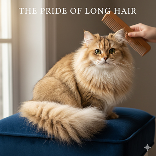 Mèo Munchkin lông dài màu golden được chải lông bằng lược răng thưa trên ghế nệm xanh, lông cổ và đuôi xù phồng.