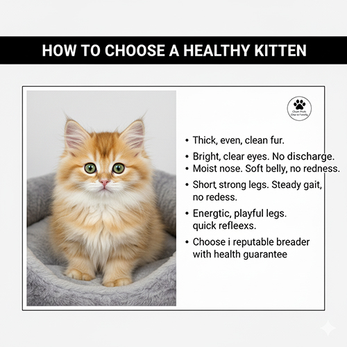 Infographic cách chọn mèo Munchkin lông dài khỏe mạnh: bé màu golden ngồi trên nệm, kèm checklist lông dày sạch, mắt sáng, mũi ẩm, chân ngắn vững, lanh lợi.