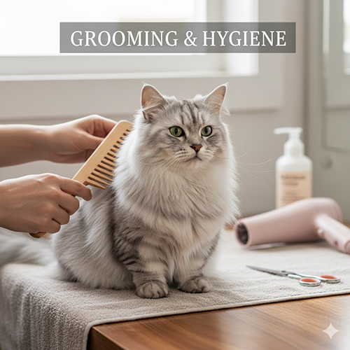 Mèo chân ngắn lông dài (Munchkin Long Hair) màu silver được chải lông bằng lược gỗ, cạnh máy sấy và kéo – hướng dẫn chải 1–2 lần/ngày, vệ sinh tai mắt, tắm và sấy ấm.