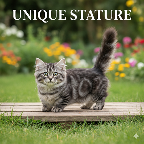 Mèo chân ngắn lông dài silver tabby đứng trên tấm gỗ giữa vườn hoa, đuôi dựng; dáng tròn trịa với đôi chân ngắn đặc trưng.