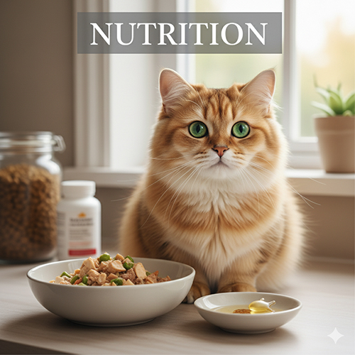 Mèo chân ngắn lông dài màu golden ngồi trước bát pate thịt gà/cá hấp và chén dầu cá, phía sau là lọ hạt và lọ bổ sung – minh họa chế độ dinh dưỡng.