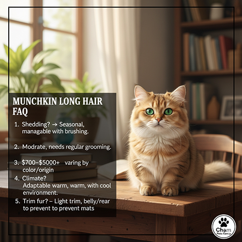 Mèo Munchkin lông dài màu golden ngồi trên bàn, khung FAQ bên trái – giải đáp rụng lông, cách chăm, giá bán, khí hậu và tỉa lông.