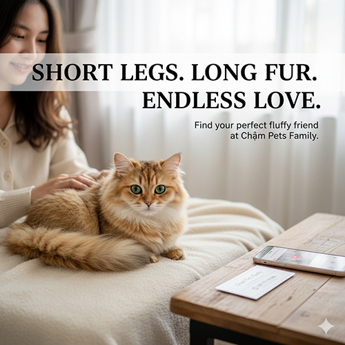 Mèo Munchkin lông dài màu golden nằm trên giường, được chủ vuốt ve; dòng chữ “Short legs. Long fur. Endless love.” – ảnh dùng cho lời kết và CTA.