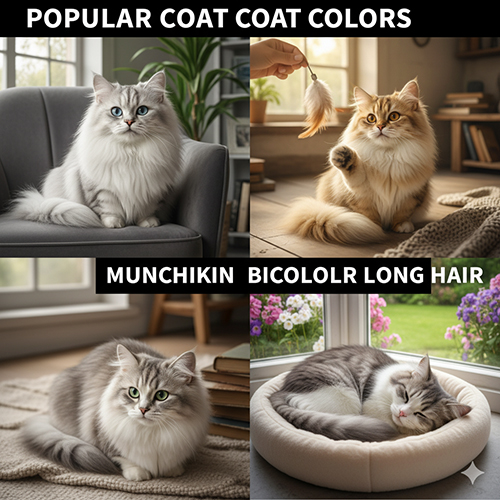 Bộ ảnh 4 khung mèo Munchkin lông dài các màu: trắng tuyền, vàng kem, silver, bicolor trắng–xám, golden và tabby vằn trong không gian nội thất.