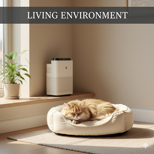 Mèo Munchkin lông dài màu golden ngủ trên ổ nệm mềm cạnh cửa sổ trong căn phòng sạch mát có cây xanh và máy lọc không khí mini.