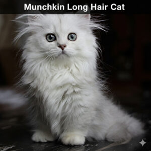 Mèo chân ngắn lông dài (Munchkin Long Hair) màu trắng, lông xù mềm, mắt tròn, ngồi trên sàn – ảnh đại diện bài viết.