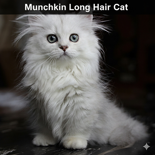 Mèo chân ngắn lông dài (Munchkin Long Hair) màu trắng, lông xù mềm, mắt tròn, ngồi trên sàn – ảnh đại diện bài viết.