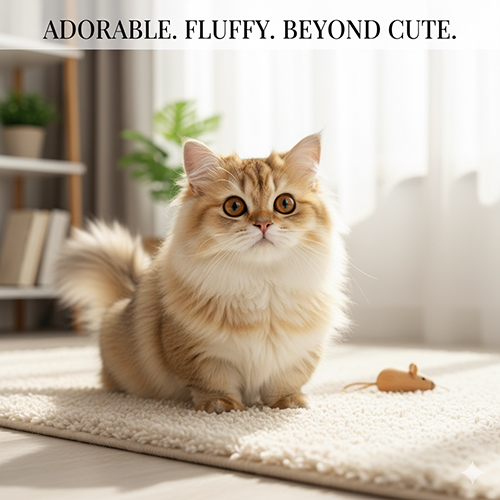 Mèo chân ngắn lông dài màu golden tabby, lông xù hai lớp, mắt tròn, ngồi trên thảm cạnh đồ chơi chuột trong phòng sáng.