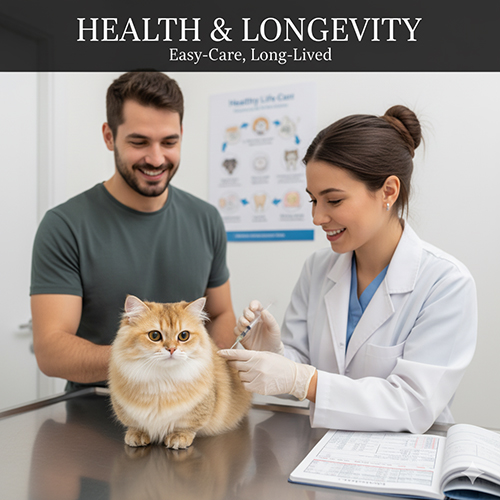 Mèo Munchkin lông dài màu golden được bác sĩ thú y tiêm phòng, chủ đứng bên cạnh tại phòng khám – minh họa sức khỏe và tuổi thọ.