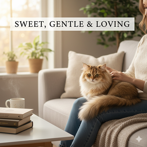 Mèo chân ngắn lông dài (Munchkin Long Hair) màu golden ngồi trong lòng chủ trên sofa, ánh sáng ấm, biểu cảm dịu dàng và quấn người.