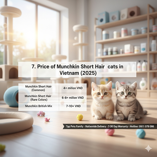 Hai meo Munchkin long ngan dang ngoi trong khong gian cat cafe; overlay bang gia gom cac dong: thuong, mau hiem, lai ALN va nhap Thai/My.