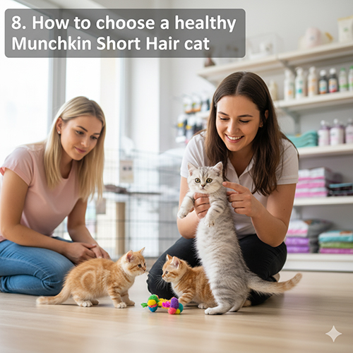 Hai cô gái kiểm tra sức khỏe ba mèo Munchkin lông ngắn trong pet shop; bé xám đứng, hai bé vàng cam chơi đồ chơi; minh họa cách chọn mèo khỏe mạnh với mắt sáng, mũi ẩm, dáng chắc, lông mượt, lanh lợi.