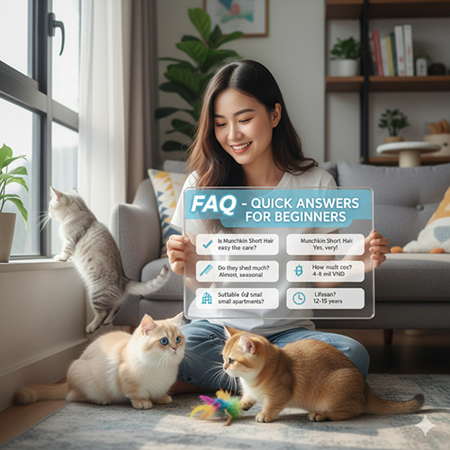 Nguoi phu nu ngoi tren san choi voi ba meo Munchkin long ngan va cam bang FAQ co cau tra loi nhanh.