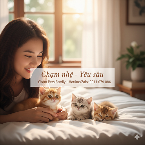 Người phụ nữ mỉm cười bên ba mèo Munchkin lông ngắn trên giường, overlay “Chạm nhẹ – Yêu sâu”, CTA Chạm Pets Family và Hotline/Zalo 0911 079 086.