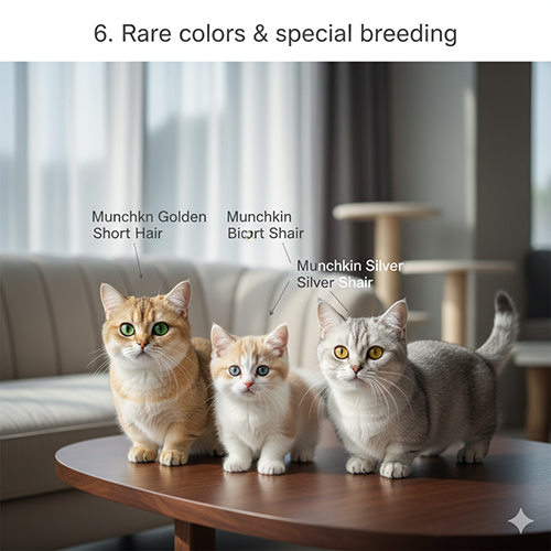 Ba meo Munchkin long ngan mau hiem (Silver, Golden, Bicolor) dung tren ban trong phong khach sang, minh hoa chu de mau sac hiem va phoi giong dac biet.