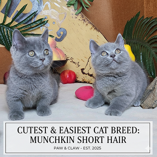 Hai mèo Munchkin lông ngắn màu xám xanh ngồi cạnh nhau trong studio, phông nền có trái cây và dòng chữ “Cutest & Easiest Cat Breed: Munchkin Short Hair”.