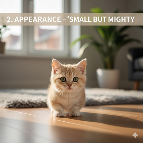 Mèo Munchkin lông ngắn màu vàng kem đứng giữa phòng sáng, chân ngắn đáng yêu, minh họa ngoại hình “bé nhỏ mà có võ”.