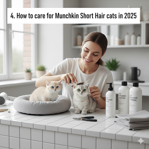 Bac si thu y dang kham cho mot be meo Munchkin long ngan ngoi tren can dien tu, minh hoa chu de suc khoe va tuoi tho; giong nay it benh, can tiem phong, tay giun va theo doi rang mieng khop goi.