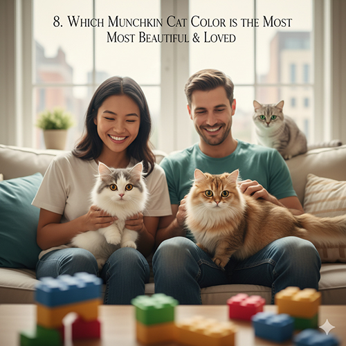 Cặp đôi trẻ cười vui bên hai mèo Munchkin màu golden và bicolor trắng xám trong phòng khách sáng, thêm một mèo silver phía sau.