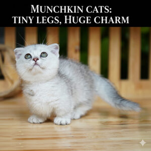 Mèo Munchkin (mèo chân ngắn) màu silver đang ngước nhìn dễ thương với đôi mắt to tròn và dáng đi đặc trưng đáng yêu.