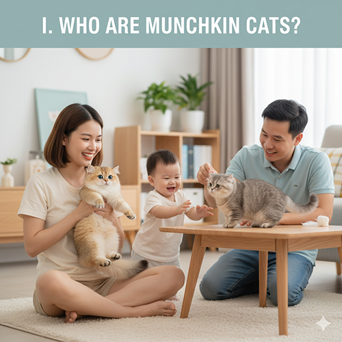 Gia đình trẻ chơi đùa với hai mèo Munchkin chân ngắn trong phòng khách; minh hoạ phần I “Mèo chân ngắn là ai?”