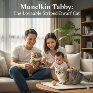 Mèo chân ngắn Tabby Munchkin vằn ngoan ngoãn trong gia đình trẻ, ngồi trên sofa chơi cùng em bé