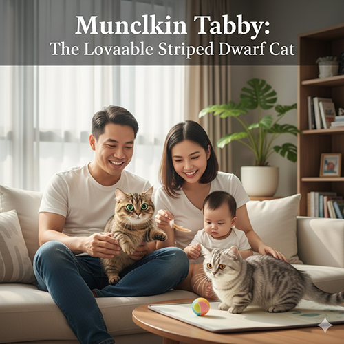 Mèo chân ngắn Tabby Munchkin vằn ngoan ngoãn trong gia đình trẻ, ngồi trên sofa chơi cùng em bé