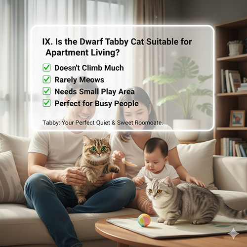 Gia đình nhỏ chơi đùa cùng hai mèo Munchkin Tabby trong căn hộ sáng sủa, thể hiện sự phù hợp của giống mèo này với không gian chung cư