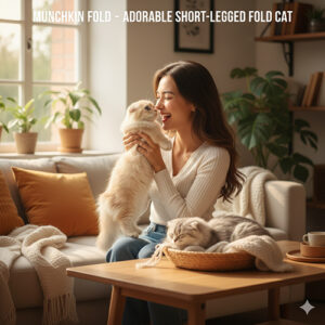 Mèo chân ngắn tai cụp Munchkin Fold đáng yêu trong phòng khách, một bé được bế và một bé ngủ trong giỏ