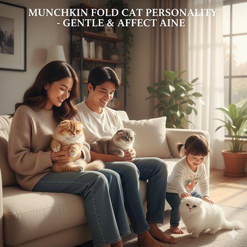 Mèo Munchkin Fold chân ngắn tai cụp quây quần bên gia đình; hiền lành, thích âu yếm và thân thiện với trẻ nhỏ