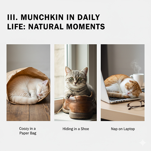 Bộ ba ảnh mèo Munchkin trong đời sống: nằm trong túi giấy, chui vào giày và ngủ trên laptop – những khoảnh khắc tự nhiên đáng yêu.