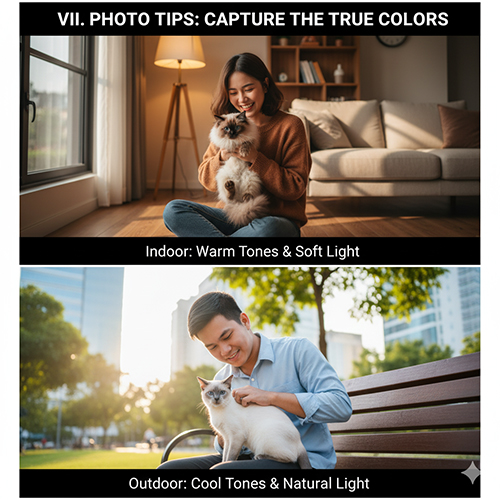 Cô gái chụp ảnh mèo Xiêm trong nhà ánh sáng ấm và chàng trai chụp mèo Xiêm ngoài trời ánh sáng tự nhiên, minh họa sự khác biệt giữa tone sáng và không gian