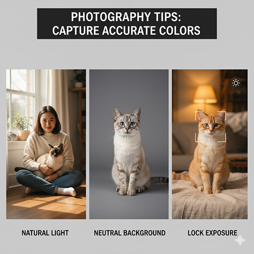 Ba khung ảnh hướng dẫn chụp mèo Xiêm đúng màu: ánh sáng tự nhiên, nền trung tính và khoá phơi sáng hợp lý