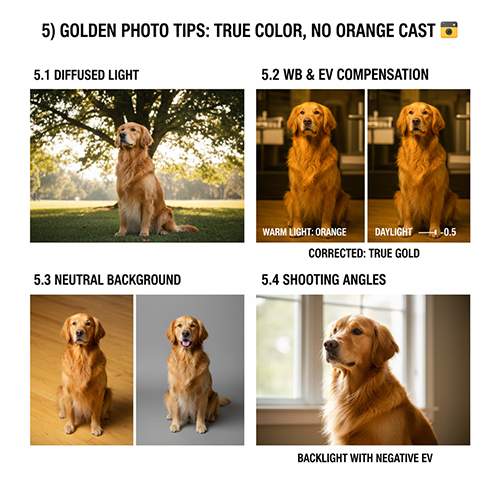 Infographic mẹo chụp chó Golden đúng màu: ánh sáng tán xạ, chỉnh WB và bù EV, chọn nền trung tính, góc chụp tránh ám cam