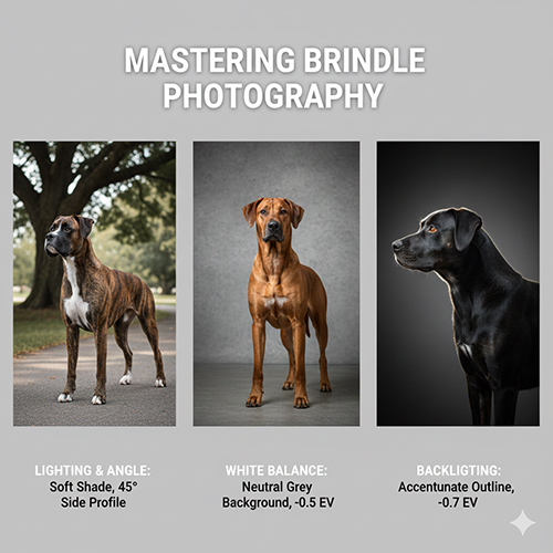 Infographic mẹo chụp chó vện (brindle) rõ vân: bóng râm sáng góc 45 độ, nền xám trung tính và ngược sáng tạo viền