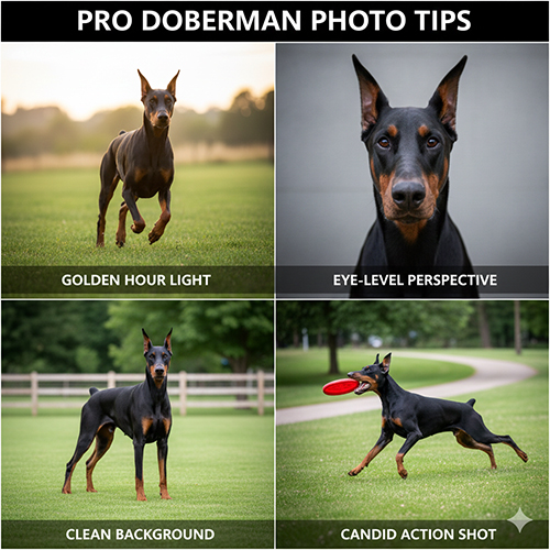 Gợi ý chụp hình chó Doberman đẹp với ánh sáng tự nhiên và khoảnh khắc chuyển động