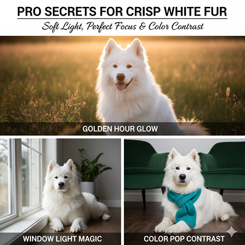 Mẹo chụp hình chó Samoyed lông trắng không bị cháy sáng với ánh sáng mềm và nền màu tương phản