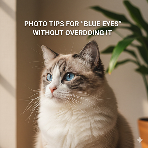 Mèo Ragdoll mắt xanh trong ánh sáng cửa sổ dịu, minh họa cách chụp không lạm dụng filter