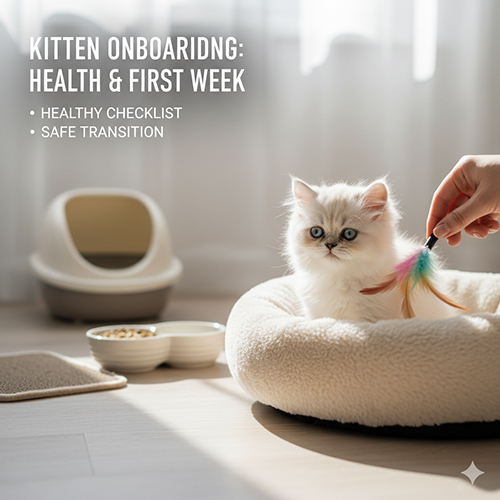 Mèo Ba Tư con ngồi trong ổ mềm, bên cạnh khay cát và bát ăn, minh họa hướng dẫn chọn kitten khỏe và chăm tuần đầu